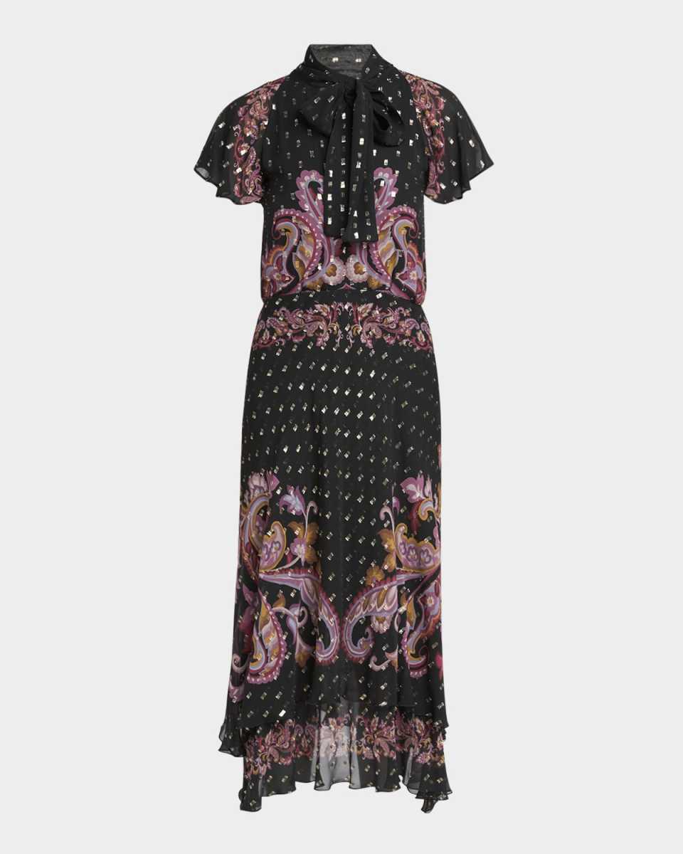 Paisley-Print Neck-Tie Plisse Georgette Midi Dress